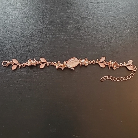 Womens or girls rose toned bracelet, leaf & flower theme, size from 5.75-7.75" - Picture 2 of 3